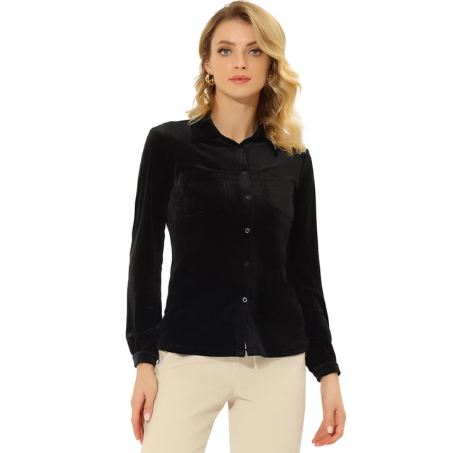 INSPIRE CHIC Chemise en Velours pour Femme à Col Pointu avec Poche Noir TP
