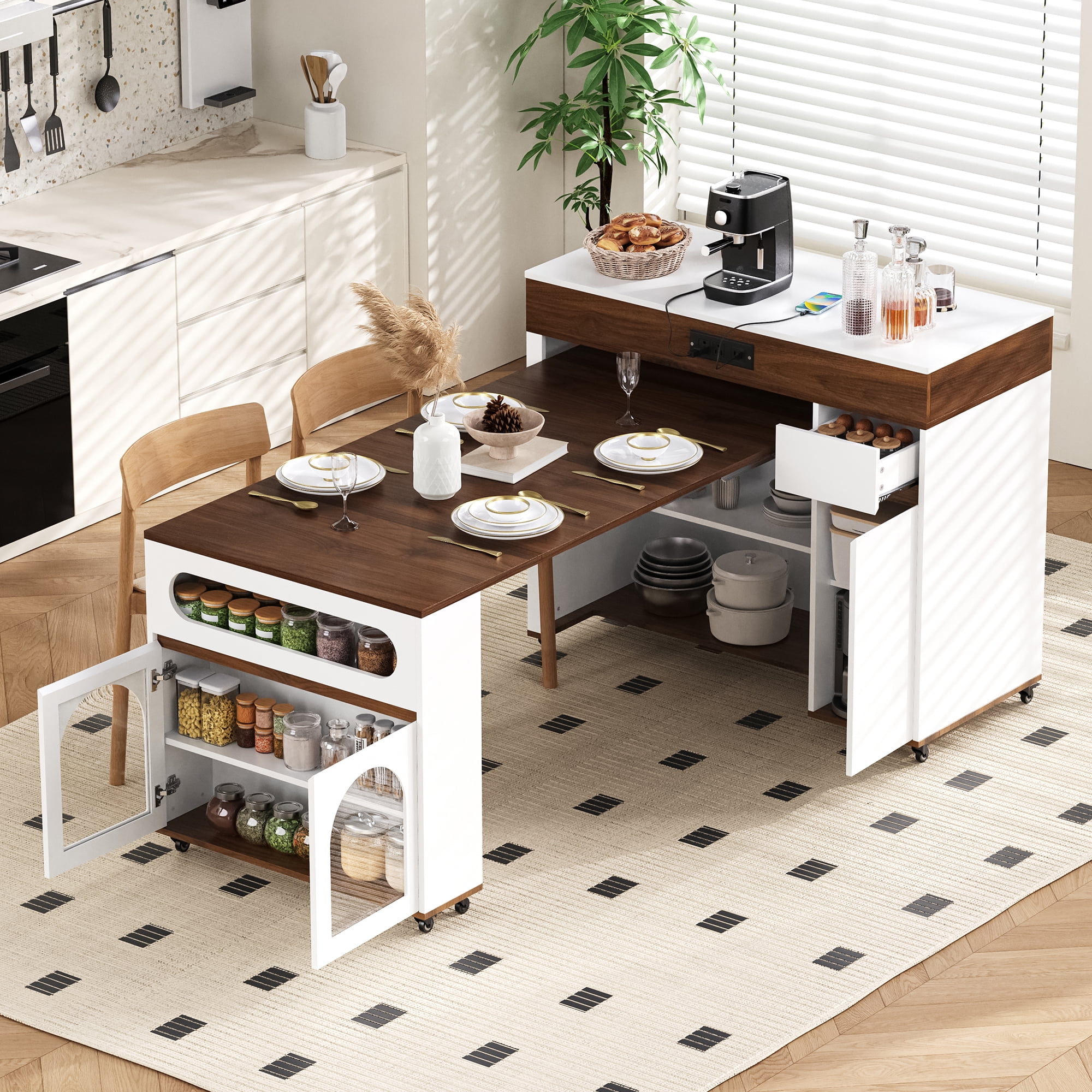 Table de salle à manger extensible Noble House TREXM avec plateau rabattable extra-long, îlot de cuisine roulant avec tiroirs (Noyer + Blanc crème)