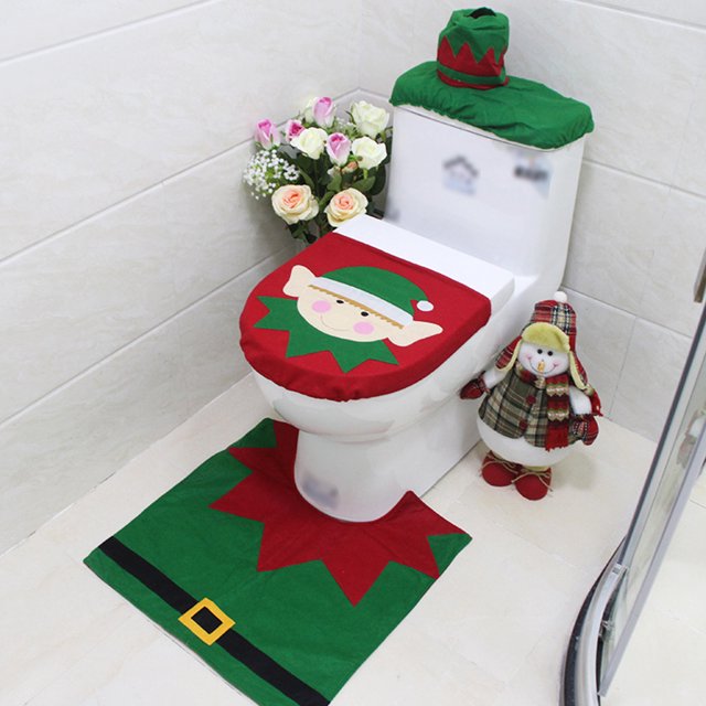 yeacher Festive Elf Christmas Toilet Set: Lid Cover, Tank Cover & U-Shaped Rug for Holiday Cheer
