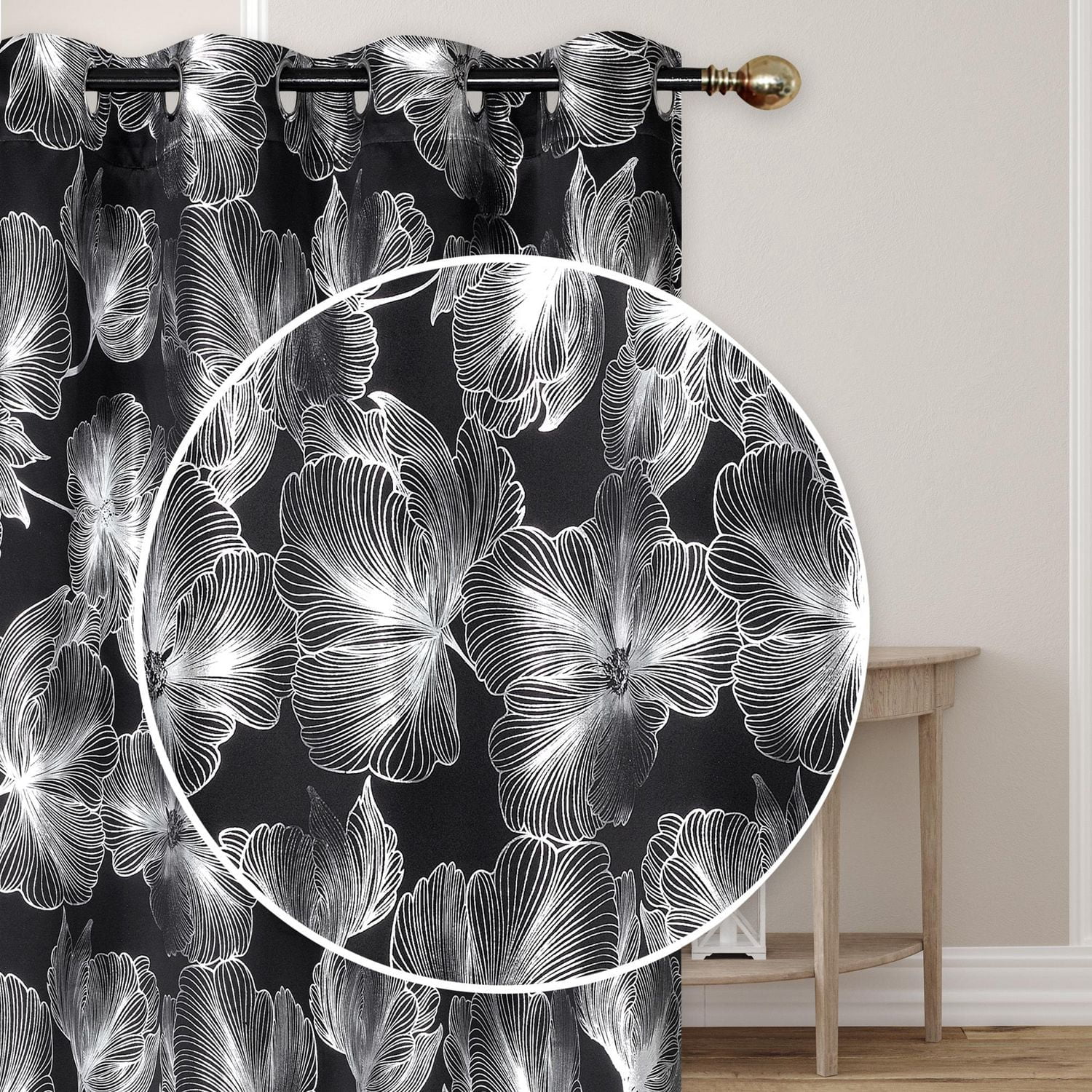 IH Casa Decor Foil Print Pannel W 8 Grom Hibiscus Black 96" - Ensemble De 2