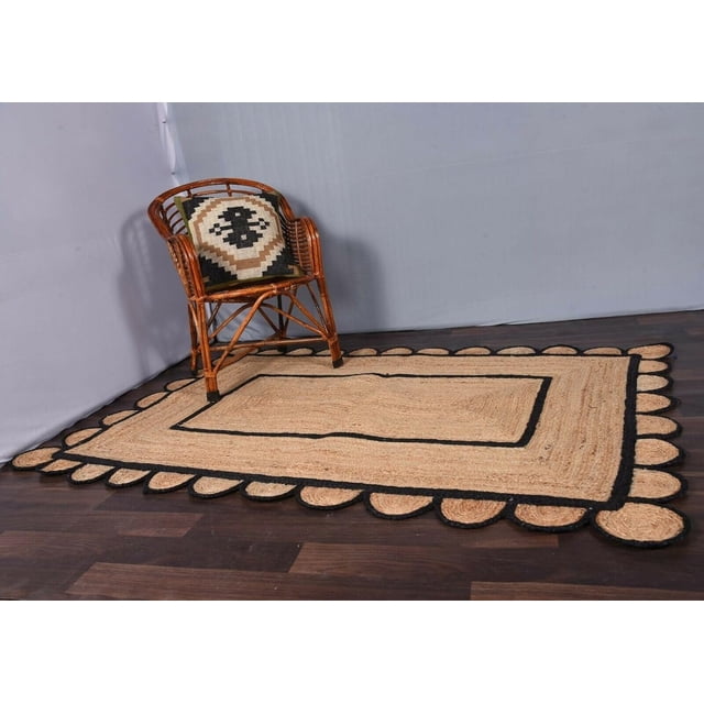 Indian Handmade Braided Natural Jute With Black Color Jute Design Area Rugs , Scalloped Rugs , Home Décor Natural Jute Rugs & Carpet Size , 2 x 4 Feet ( 60 cm x 120 cm ) Rectangle