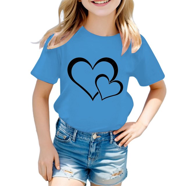 T-shirt Mignon à Motif pour Fille, Col Rond, Manches Courtes, Été, Décontracté, Hauts, T-Shirts et Chemises pour Filles, Bleu Ciel 140/9 A-10 A
