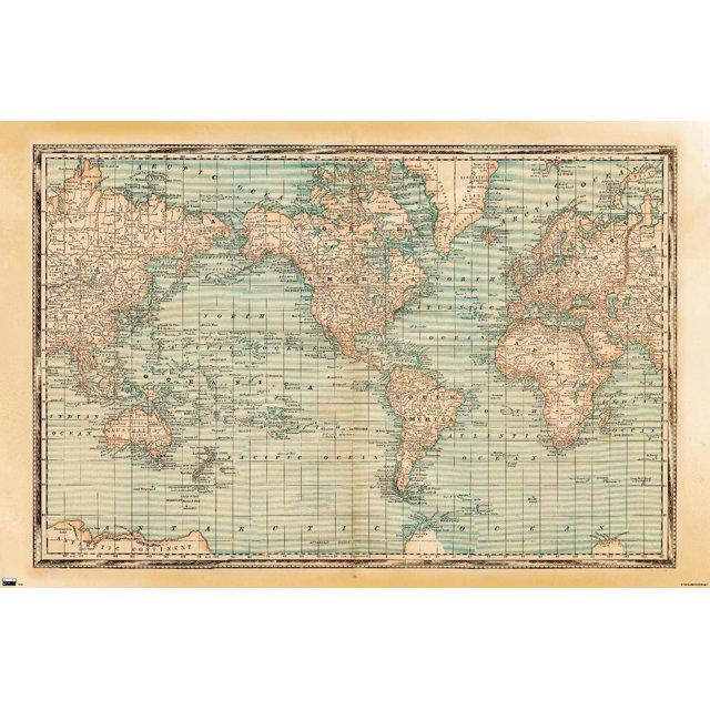 Affiche Vintage de Carte du Monde Montrant des continents Incluant l'Amérique du Nord, l'Amérique du Sud, l'Europe, l'Afrique, l'Asie, l'Australie et l'Antarctique avec des Bordures de Pays Détaillées et des Noms d'Océan sur un Fond Rayé beige et Bleu Pâle, Convient comme art Mural Décoratif Ou Impression Cartographique.