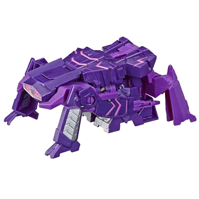 Transformers Cyberverse Action Attackers: 1-Step Changer Shockwave Action Figure in tank mode, a 4.25-inch purple and silver plastic toy with pink lightning bolt details, designed for quick one-step conversion from robot to tank, ideal for kids aged 6 and up.