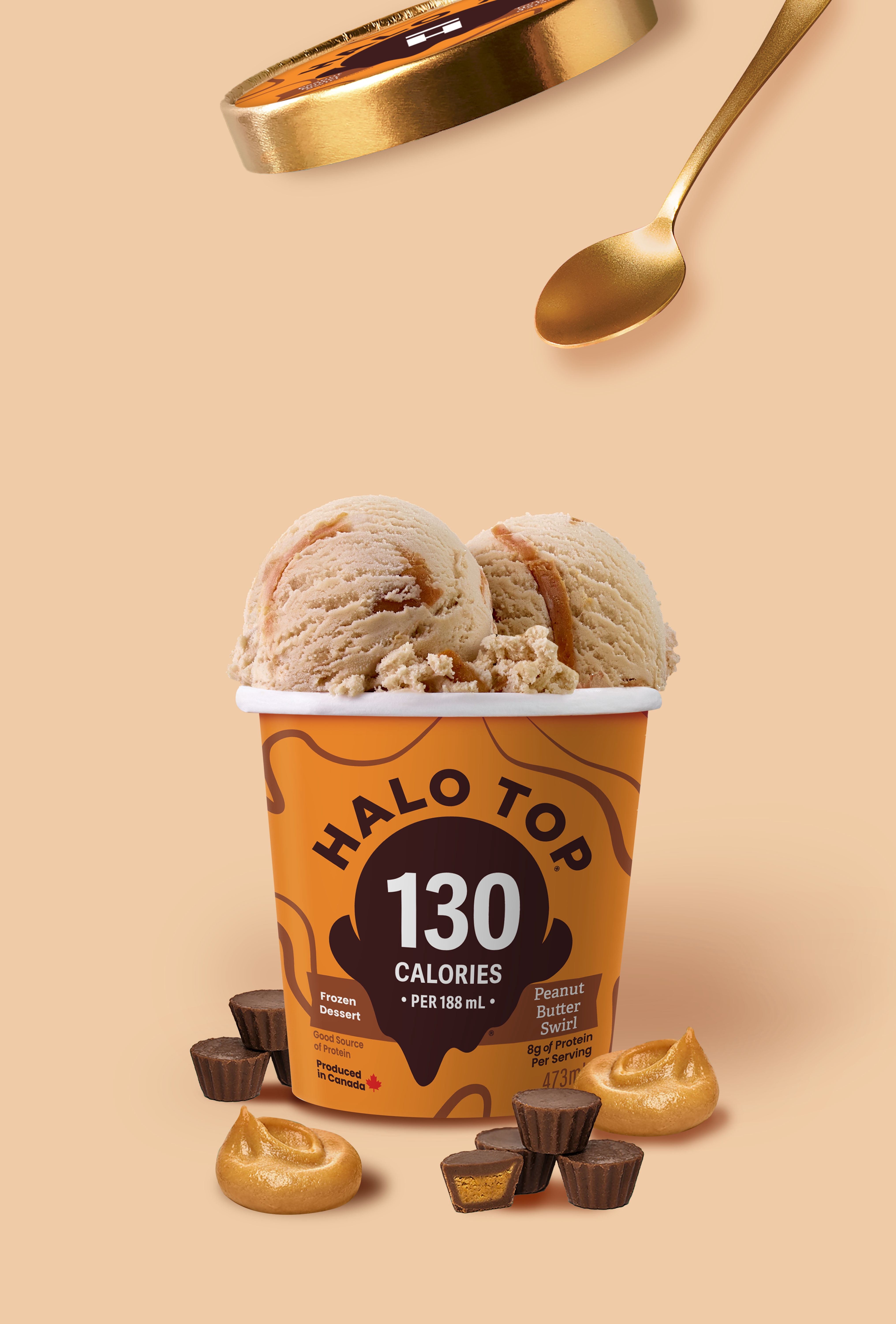 Halo Top Peanut Butter Swirl Frozen Dessert, Low Calorie, High Protein, 473 mL Tub, Peanut Butter Swirl