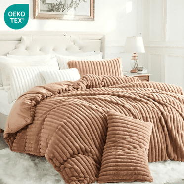 JOLUSERE Khaki Fluffy Striped Duvet Cover Queen Set, 3-Piece Super Soft Faux Rabbit Fur Winter Warm Fuzzy Comforter Cover