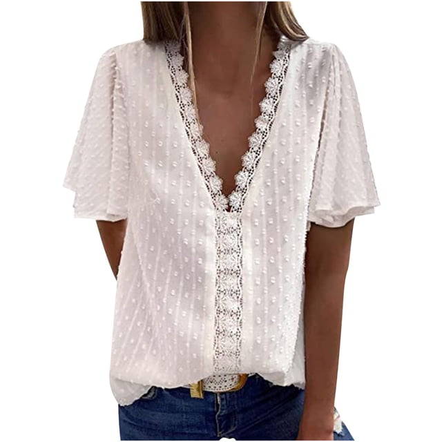 Hauts pour Dames Manches Courtes Femmes Décontracté Manches Courtes en Chiffonnier Uni Blouse T-Shirt à Col en V Hauts pour Dames Hauts pour Femmes Décontracté