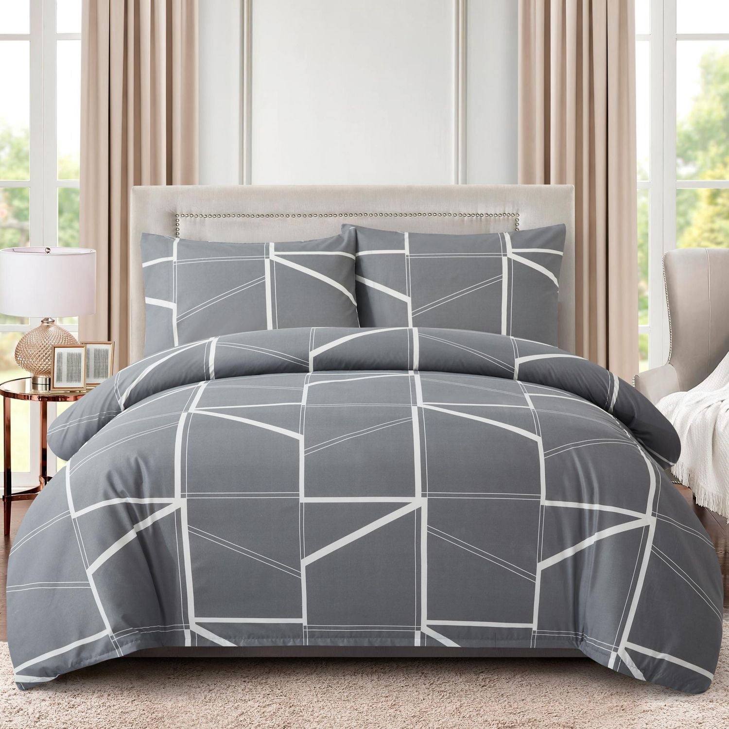 Literie Marina Décoration douce, soyeuse et riche en rayonne de bambou imprimée, toutes saisons, housse de couette, drap-housse, avec fermeture éclair et lien d'angle, motif géométrique fantaisie mode
