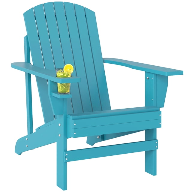 Outsunny Classic Adirondack Chair with Cup Holder for Backyard in turquoise. Made of natural fir wood, this chair features a reclined slat back design, wide armrests, and a gently sloping seat for comfort. Includes a built-in cup holder on the armrest for convenience. Dimensions are 28.3 inches wide, 37.4 inches deep, and 36.6 inches high, with a weight capacity of 330 lbs. Ideal for outdoor relaxation in backyards or patios.