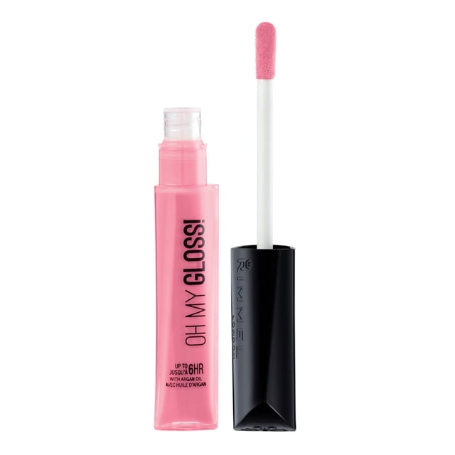 Rimmel Oh My Gloss! lip gloss in pink with a clear rectangular tube and black cap, featuring a lip-hugging foam wand for precise application, enriched with argan oil and vitamin E for moisturizing, offering up to 6 hours of high-shine wear.