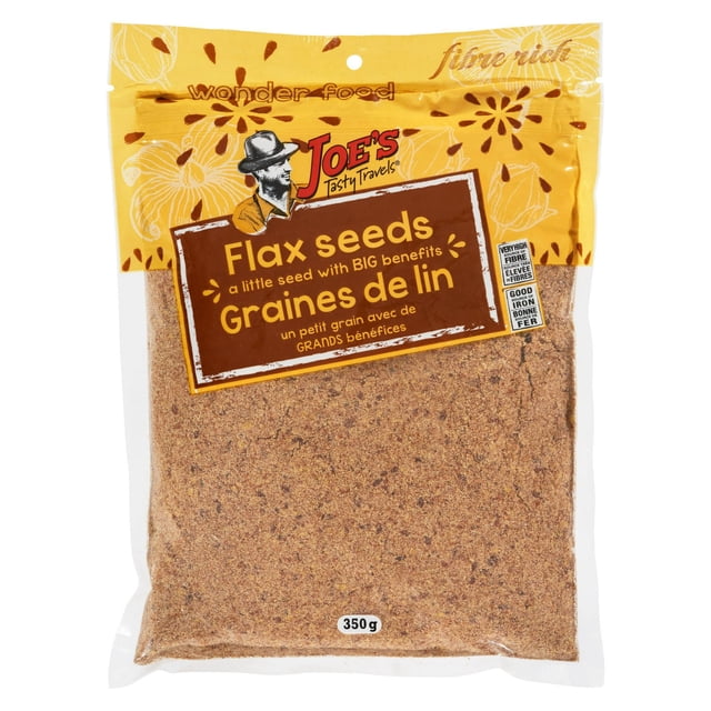Milled Flax Seeds in a 350g clear resealable pouch from Joe's Tasty Travels, showing finely ground flaxseed powder with a yellow and brown label highlighting high fibre content and good iron source, ideal for improving digestive health and nutrient absorption.