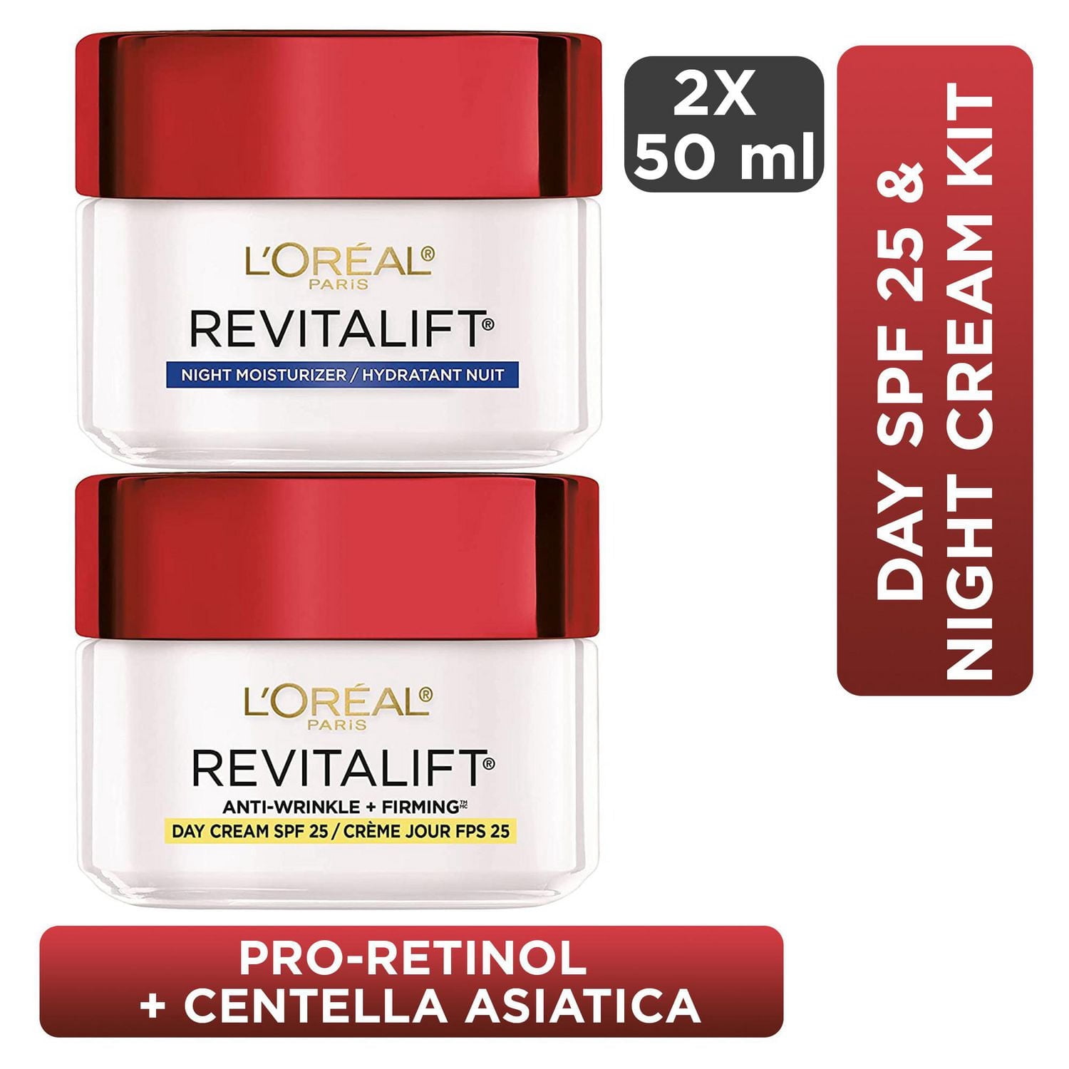 L'Oreal Paris Revitalift Anti-Wrinkle + Firming Anti-Aging Cream Day & Night Moisturizers , with Pro-Retinol & Centella Asiatica, 2x50 ml