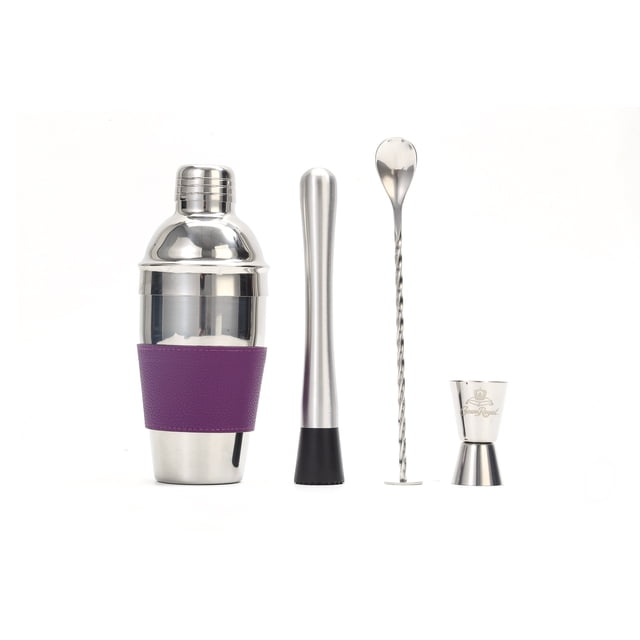Crown Royal Ensemble de 4 Pcs d'Outils de Bar en Acier Inoxydable avec un shaker à cocktail Poli Doté d'Une Poignée Violette, un Mélangeur en Acier Inoxydable à base Noire, une Cuillère de Bar Torsadée et un jigger Double Face Gravé du logo Crown Royal, Idéal pour le Bar à la Maison et le Mélange de Cocktails.