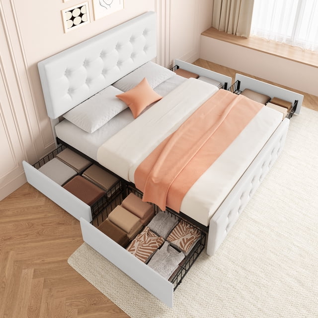 Bed Frame with 4 Storage Drawers and Upholstered Headboard, Queen/Full Size Upholstered Mattress Foundation with Linen Fabric/PU Leather/Velvet, No Box Spring Needed