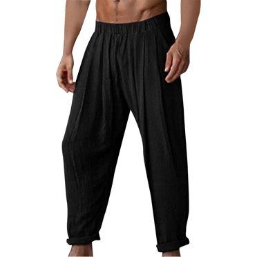 Meichang Mens Cotton Linen Pants Fashion Solid Color Elastic Waist Trousers Straight Breathable Summer Beach Pants with Pockets Khaki 3XL