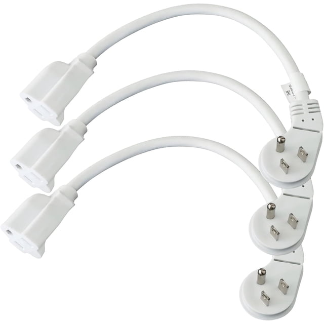 EP Lot de 3 Rallonges à Fiche Plate de 1 Pi avec un Profil Bas avec 16 AWG Câbles Blancs à 3 Broches Mise à la Terre. Chaque Cordon Mesure 1 Pied de long, Fait de 100 % de Cuivre avec une Gaine en Vinyle durable Qui Résiste à l'Humidité, à l'Abrasion et au Soleil. les Cordons Comprennent des Prises Moulées, des Lames Renforcées et un Soulagement de Tension Robuste pour une Durabilité et une Sécurité Accrues. Convient à une Utilisation Intérieure avec une Cote d'Ampérage Maximale de 13