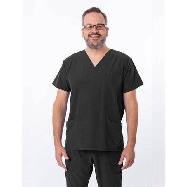 Greentown Canada Scrubs 4Flex 1202 Unisex Scrub Top in black, front-facing with V-neck and athletic fit, featuring short sleeves and three pockets, made from 93% polyester and 7% spandex with 4-way stretch and moisture-wicking fabric, worn with matching black scrub pants.