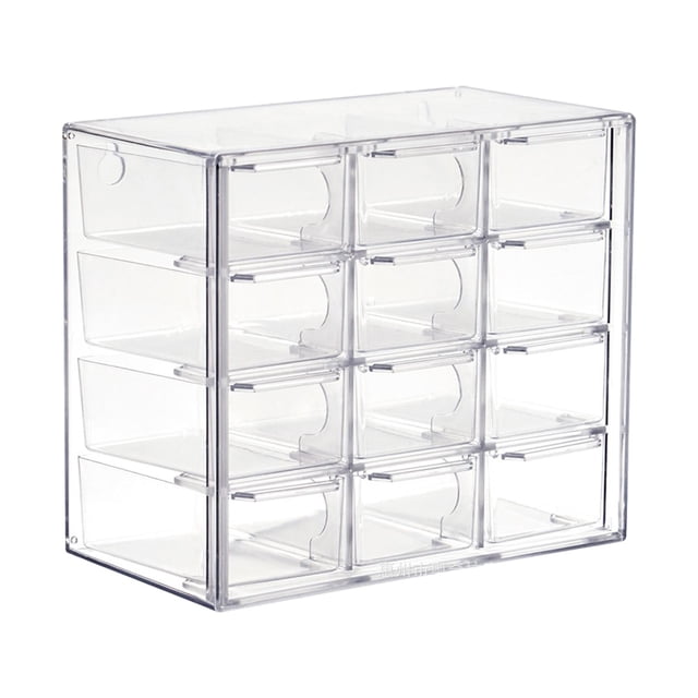 Mini Drawer Bead Organizer with 12 transparent drawers, designed for desktop or vanity storage. Made of durable PS material, this clear organizer measures 18cm x 10cm x 15.5cm (7.09in x 3.94in x 6.10in) and is ideal for storing beads, jewelry, rubber bands, and other small items. The stackable design saves space, while the dustproof feature keeps contents clean. Suitable for craft supplies, office organization, or as a gift for women and girls.