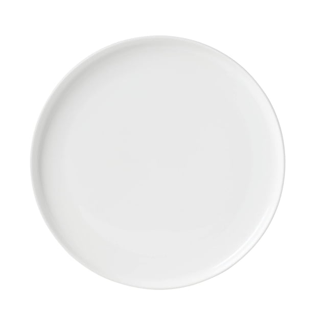 Oneida 365 24 Seven Dinner Plate, a 10.25-inch diameter white porcelain plate with a smooth round shape and slightly raised rim, shown from above on a white background. Dishwasher and microwave safe, suitable for everyday and formal dining.