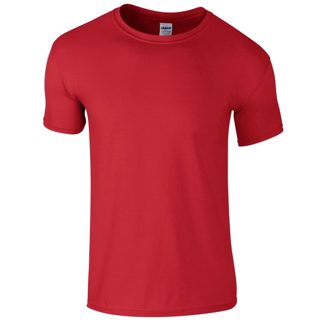 Gildan Mens Short Sleeve Soft-Style T-Shirt in a plain red design, ideal for men's casual wear or summer outfits. Made from ringspun cotton and polyester blend with a soft touch finish. Features a round neckline, short sleeves, ribbed collar, taped neck and shoulders, and twin needle stitching on the hem and sleeves. Certified sustainable with Fair Labor Association, OEKOTEX, REACH, Sedex, and WRAP standards.