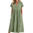thumbnail image 3 of justHIGH Robe Midi en Coton et Lin pour Femme 2026 Été à Manches Courtes Décontractée Robes Plissées Ligne A Robe de Plage avec Poches Vert Armée, TG, 3 of 7