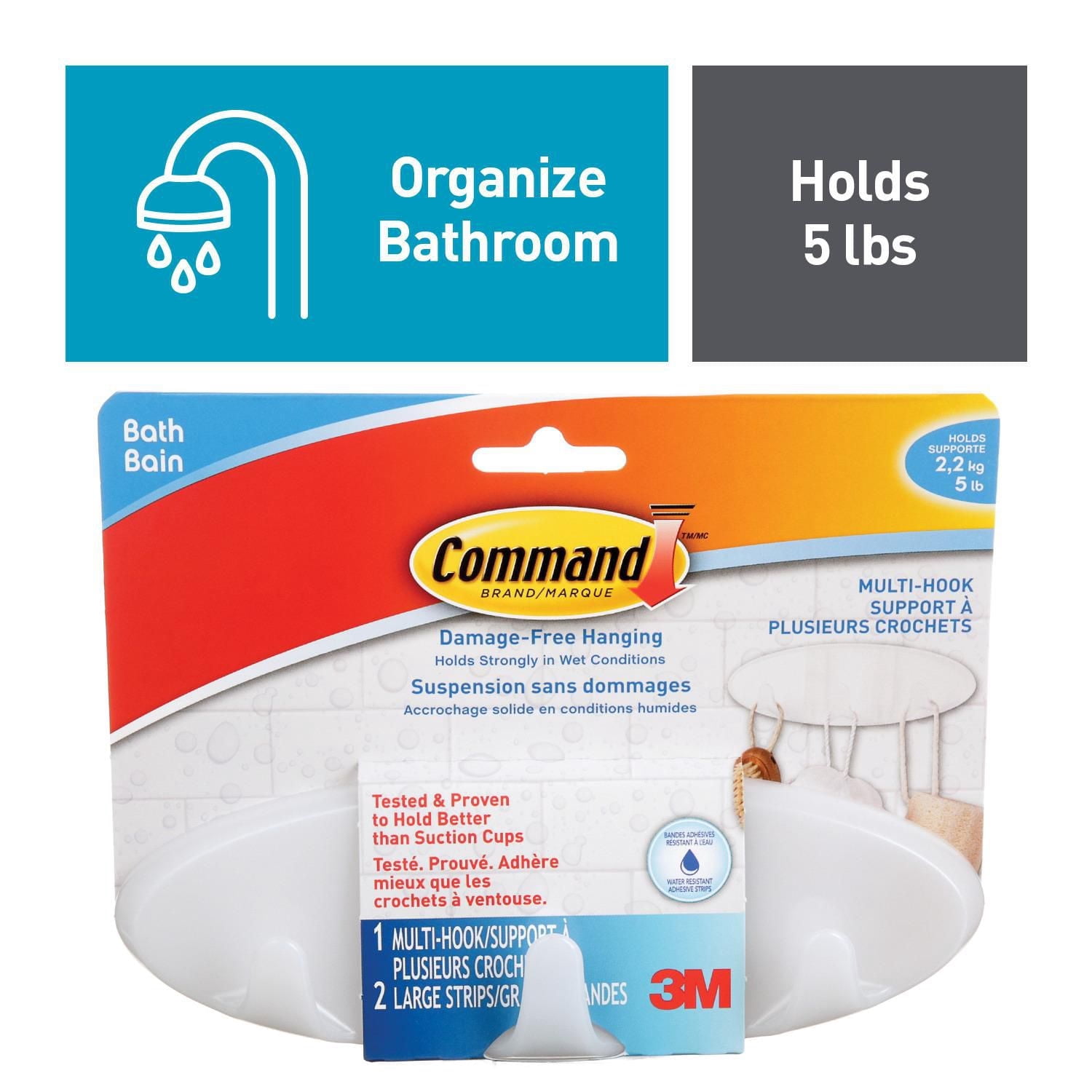 Crochet à usages multiples pour la salle de bain BATH21-EF CommandMC, grand, givré, 2,3 kg (5 lb), 1 crochet, 2 bandes résistant à l’eau
