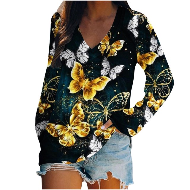 Pompotops Chemisier Blouse à Manches Longues à Col en V pour Femmes avec Papillon de Mode