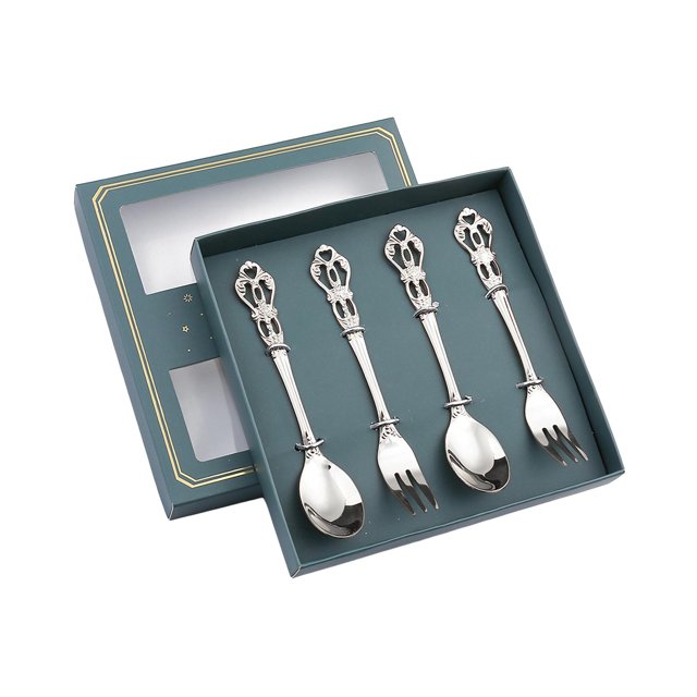 GROWTH TANK 4 Piece Spoon Fork Set, Pastry Forks and Teaspoon Set, Dessert Spoons, Stainless Argent