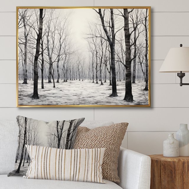 Designart Trees Oversized framed wall art decor, Tree Gold framed wall art, Grey Forest Woods , Grey Traditional Gold framed wall art, 32x24 inches Gold Frame