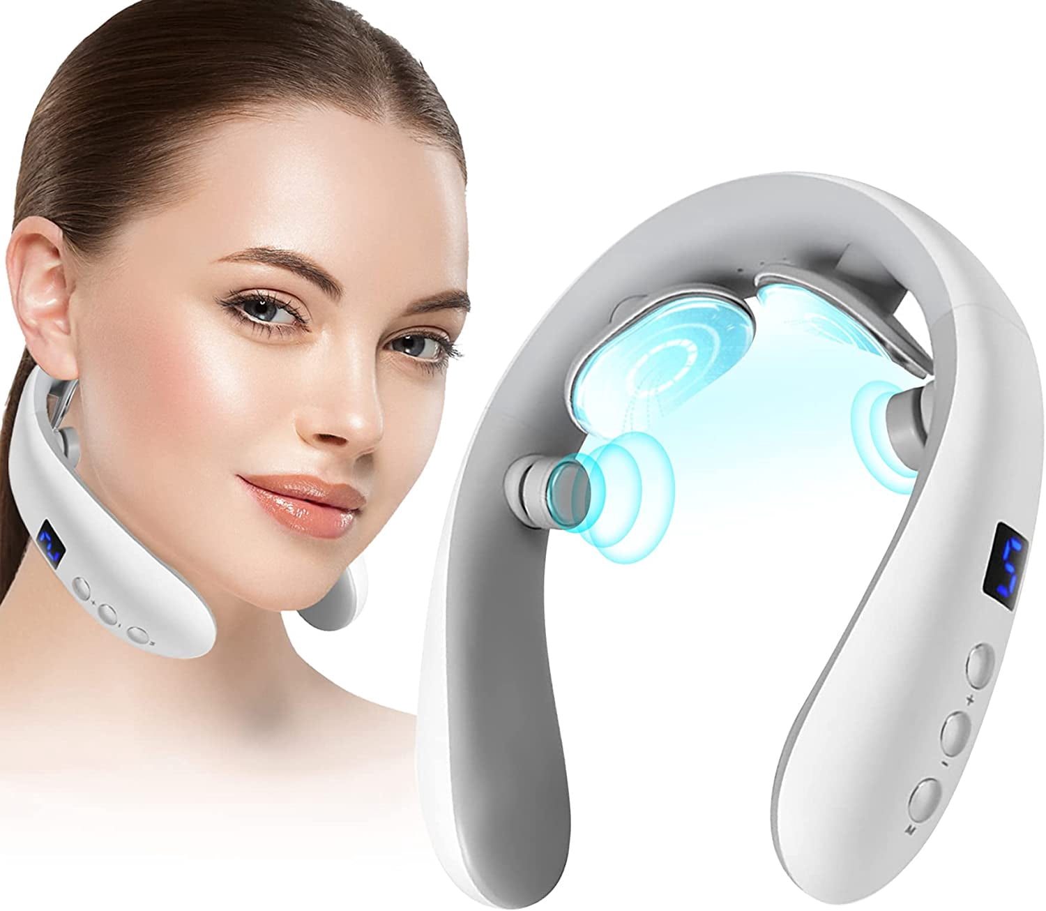 Neck Massager, Portable Heated Neck Lymphatic Massager for Neck Pain & Fatigue Relief, Neck Massager with 10 Modes 16 Levels Perfect Gifts