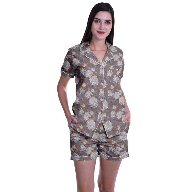 Moomaya Ensemble de Pyjama en Coton pour Femmes, Chemise de Nuit à Col Cranté à Manches Courtes