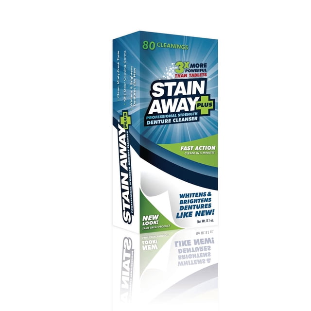 STAIN-AWAY PLUS Poudre Nettoyante pour Dentiers en Boîte avec design Bleu et Vert, Offrant 80 Nettoyages et une action 3 Fois PLUS Puissante Que les Comprimés. Elle Blanchit et Illumine les Dentiers comme Neufs, Élimine 99,9 % des Germes Causant les Odeurs, et Nettoie en 5 minutes avec un Goût Frais comme la Menthe, Poids net 8,1 oz.