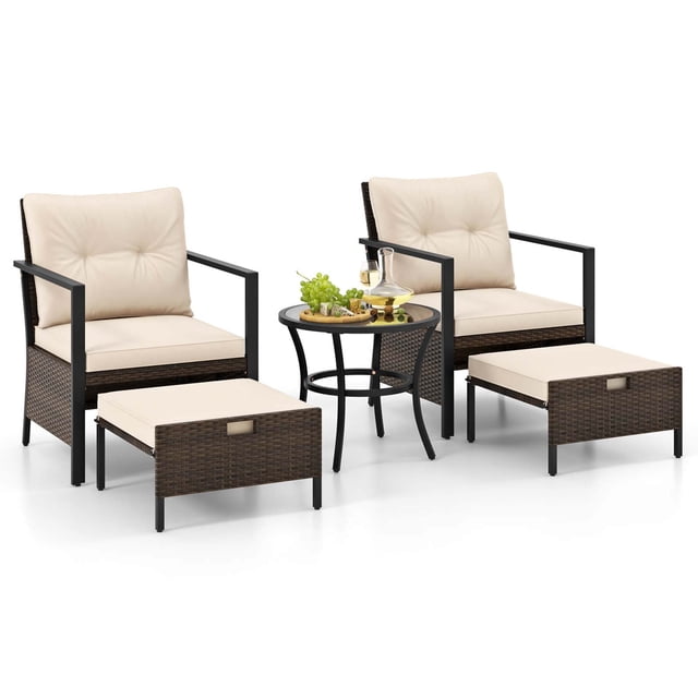 Gymax Set of 5 Furniture Set Rattan Chairs & Ottomans w/ Glass Topped Coffee Table Patio Off White
