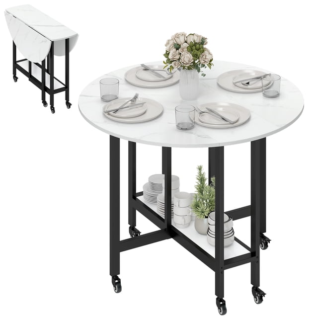 HOMCOM Table à Manger Pliant, Table à Abattants avec Tablette Ouverte, Marbre Blanc