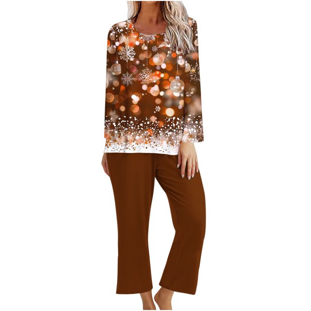 Pisexur Pyjama de Noël pour Femmes Ensemble Deux Pièces Tendance des Fêtes Imprimé Flocon de Neige Pyjamas de Noël Décontractés Manches Longues Col Rond Hauts Pantalons de Pyjama Tenue de Nuit