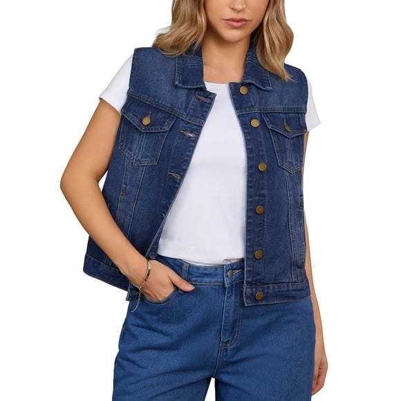 INSPIRE CHIC Women's Denim Vest Button Down Washed Distressed Sleeveless Jean Jacket with Pockets Dark Blue S