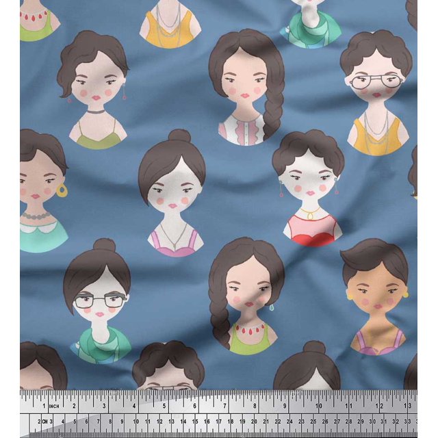Soimoi Toile de Coton Voile Bleu Femmes Visage Humain Figure Impression Tissu par Yard 42 Pouces de Large