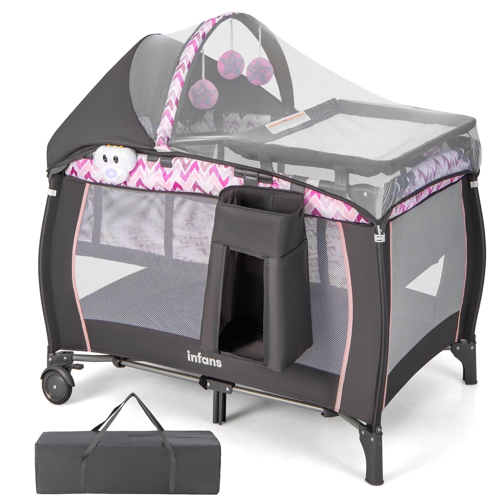 INFANS 4 in 1 Pack and Play, Portable Travel Baby Playard with Bassinet, Changing Table, Canopy, Mosquito Net, Hanging Toys, Music Box, Storage Bag, Large Playpen from Newborn to Toddlers