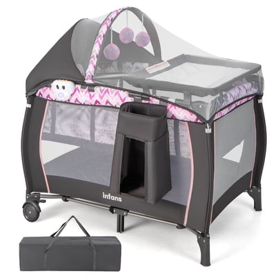 INFANS 4 in 1 Pack and Play, Portable Travel Baby Playard with Bassinet, Changing Table, Canopy, Mosquito Net, Hanging Toys, Music Box, Storage Bag, Large Playpen from Newborn to Toddlers
