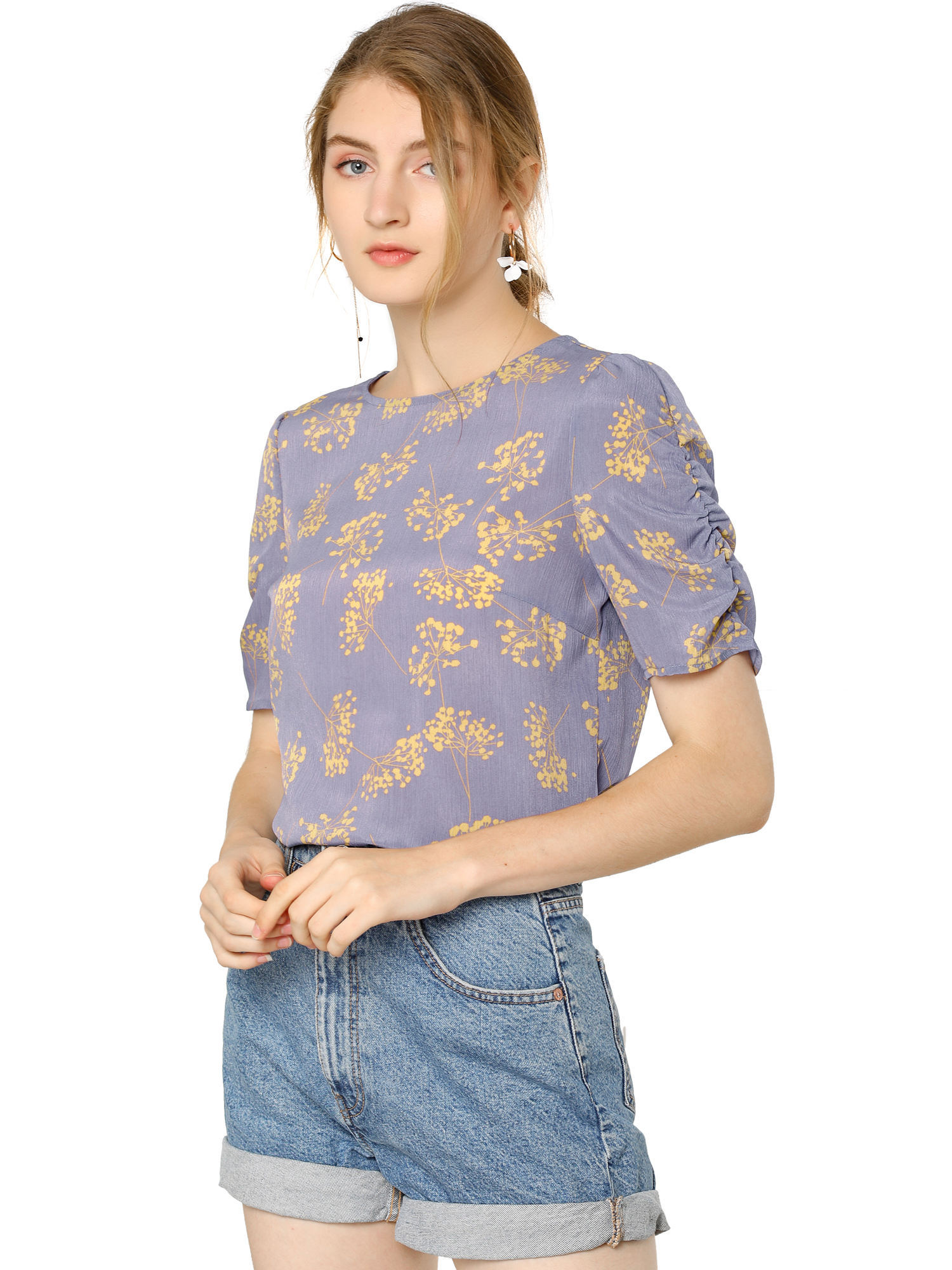 INSPIRE CHIC Haut Floral Élégant pour Femme à Manches Courtes Froncées, Coupe Régulière