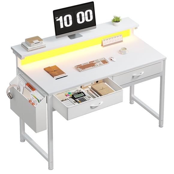 Exenoray Bureau Poste de Travail Informatique Compact de 31,5 Pouces, avec Tablette pour Moniteur Réglable, Tiroirs en Tissu, Lumières DEL, Sac de Rangement et Crochets, Blanc