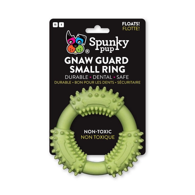 Spunky Pup Gnaw Guard Small Ring dog chew toy in light green with textured nubs for dental health, durable and non-toxic, displayed on black packaging with brand logo and bilingual safety text, designed to float for outdoor play and suitable for anxiety relief.