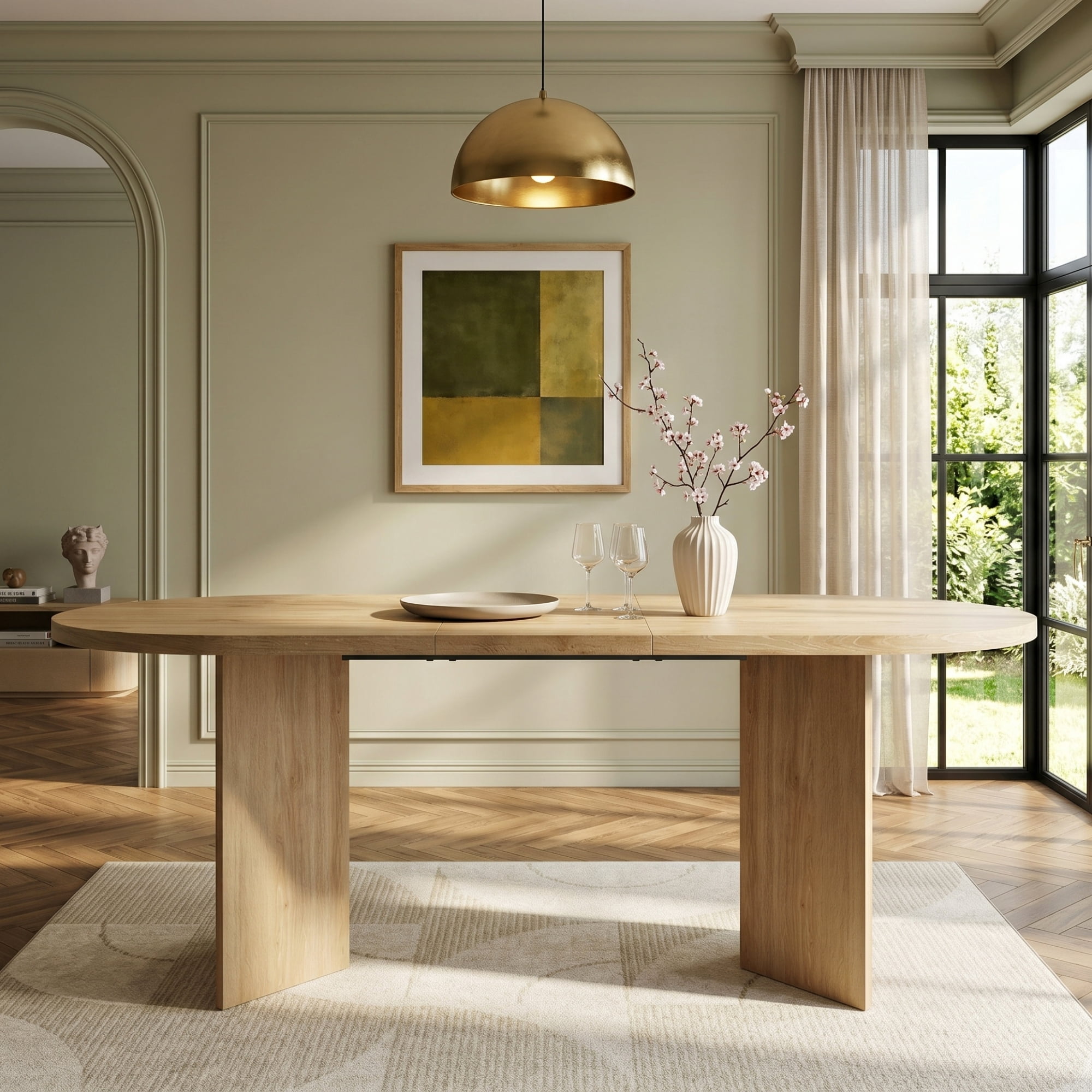 Noble House 79" Large Oval Dining Table for 6-8,Wood Grain Finish with Double Pedestal Base,Contemporary Dining Room Table,Oak