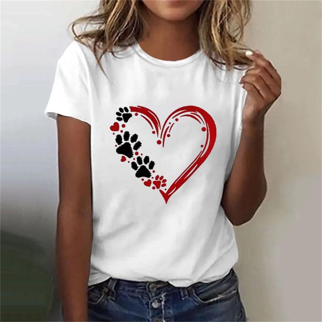 EQWLJWE Women Femmes Tops Casual Plus, Hauts de Summer pour Women 2024 Vacances à la Mode, Mo Summer Sexy Imprimé Régulier Women Manches Courtes Col Rond