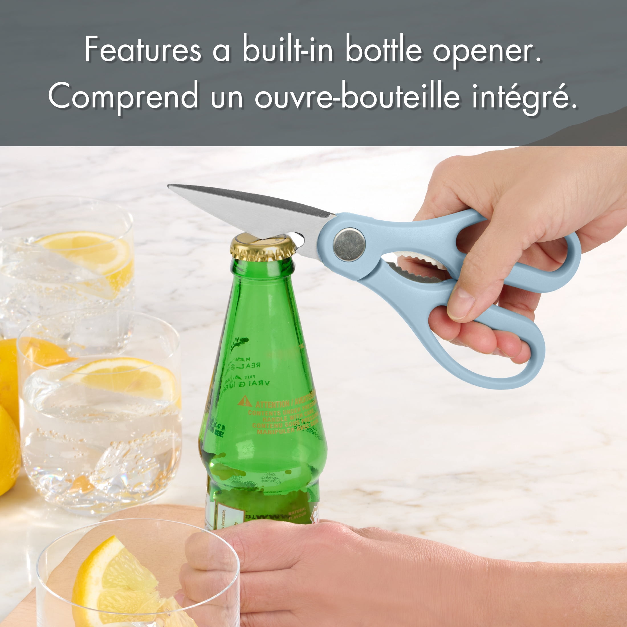 Ciseaux de cuisine Mainstays avec lames en acier inoxydable, décapsuleur et casse-noix intégrés, 19 cm, Bleu