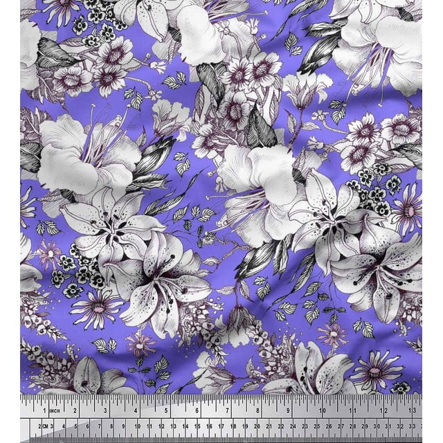 Soimoi polyester Crepe Fabric Leaves & Flower Floral Decor Fabric Printed Yard 42 Inch Wide
