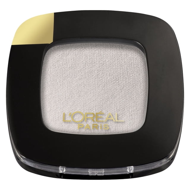 L'Oreal Paris Colour Riche Mono Eyeshadow in a square black compact with a gold corner accent, featuring a creamy textured light grey cream eyeshadow with high pigment payoff and gold L'Oreal Paris logo on the transparent lid, suitable for precise and comfortable application.