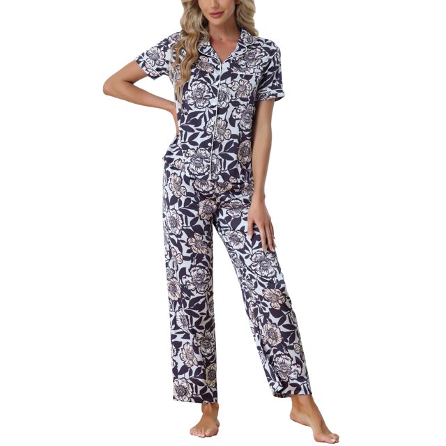 INSPIRE CHIC Ensemble de Pyjama en Satin pour Femme Soie Floral Manches Courtes Haut et Pantalon 2 Pcs Pyjamas TG Violet