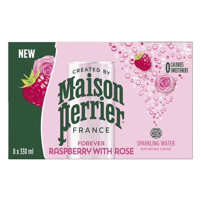 MAISON PERRIER Forever Raspberry with Rose, Sparkling Water Beverage, Natural Raspberry with Rose Flavour. 330mL can of Maison Perrier sparkling water with natural raspberry and rose flavour, labeled no calories, no sweeteners, no sodium; best served chilled and often used as a mixer base for non-alcoholic mocktails.