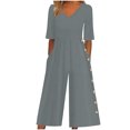thumbnail image 1 of Yuyuzo Womens Wide Leg Jumpsuits Short Sleeve V Neck Casual Loose Comfy Button Split Rompers with Pockets, 1 of 6